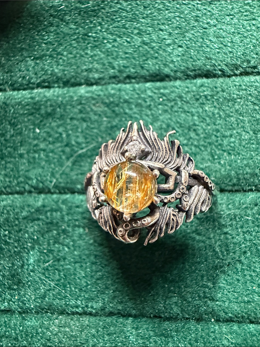 Sterling Silver Octopus Ring with Golden Rutilated Quartz